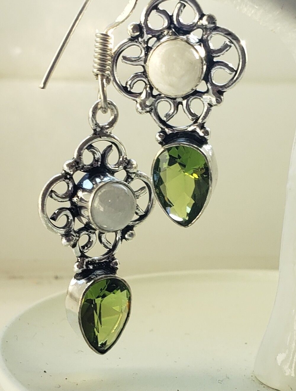 Peridot & Moonstone Gemstone & 925 Sterling Stamped Earrings W/ French Wires-NEW